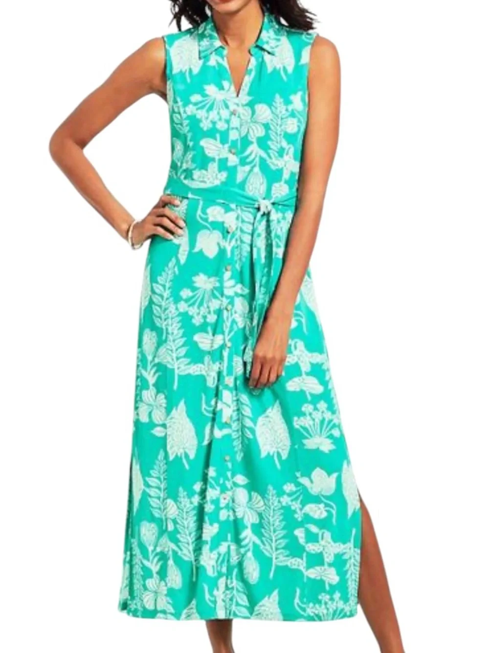 Talbots Green and White Hawaiian Floral Slinky Knit Maxi Dress NWT Size Large - Picture 8 of 8